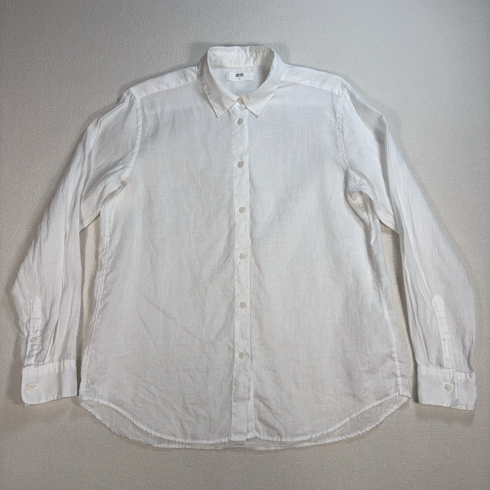Uniqlo 100% Premium Linen Shirt Womens M White Button Up Coastal Resort Vacation